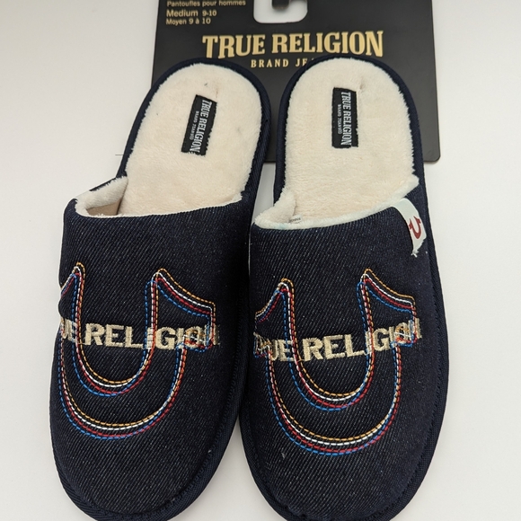 BNWT True Religion Men's (Size Medium 9-10) Denim Slide-In Slippers - Picture 2 of 15